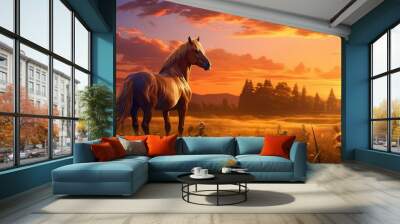 A horse in a meadow in a sunset light Wall mural