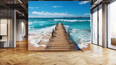 A idyllic view of the beach on a warm day: golden sand, drowning in the gentle waves of the blue o Wall mural