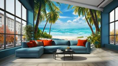 A line of palm trees framing white sand, against the background of a sparkling ocean, creates a pi Wall mural