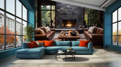 A living room with artificial fireplace cladding, leather chairs and carpet Wall mural