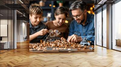 A man and two children are playing with Legos Wall mural