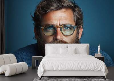 A man with glasses and a beard poses against a solid blue background, showcasing his thoughtful expression and casual attire Wall mural