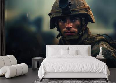 A picture of a soldier in combat equipment with a tense expression on his face Wall mural