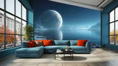 A planet with mystical lakes made of liquid metal, like eyes sparkling in the da Wall mural