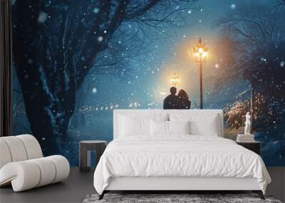 A romantic meeting under snow flakes that create a magical atmosphere Wall mural