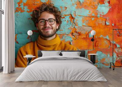 A studio picture of a guy with a mobile phone against a background of a brickred pal Wall mural