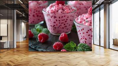 A table with a variety of pink desserts, including a raspberry cheesecake Wall mural