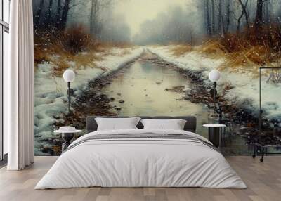 A work of art depicting the process of melting snow, which forms puddles and str Wall mural