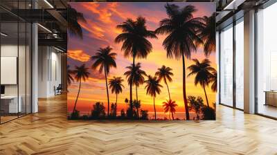 Abstract forms of palm trees in the circuit against the background of the dawn sky, creating a mys Wall mural