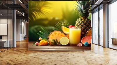 Background with cheerful cocktail tropical fruits - pineapples, coconuts and passion fruit Wall mural