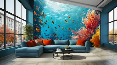 Delicate coral branches dancing throughout the ocean surrounded by a school of bright fish Wall mural