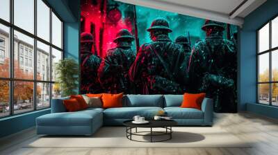 Fiery storms in the sky above the sea, where military planes attack enemy ships, dividing air in Wall mural