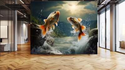 Fish in a spectacular jump, reaching high heights in the waterfall Wall mural