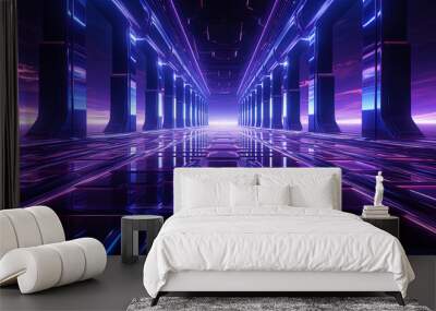 Futuristic neon tunnel, leaving for an endless distance, like a mysterious po Wall mural