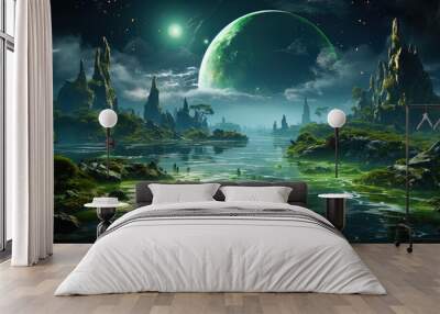 Green planet with bright green waters and nephritis oases, creating an exotic landsc Wall mural