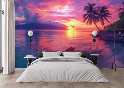 Image of palm trees surrounded by shades of beautiful sunset above the w Wall mural