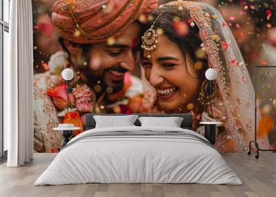 Newlyweds, celebrating the wedding, surrounded by flowers and jewelry Wall mural