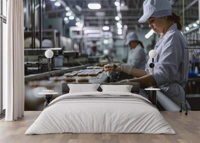 On the assembly line, workers engage in the collection and packaging of energy bars Wall mural