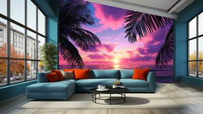 Palm trees framed by purple and pink shades of sunset create an incredible sight Wall mural