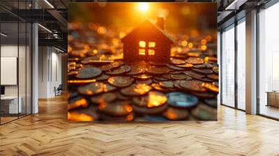 Photo of a house surrounded by walls of coins, as a bright sign of successful financial decisions Wall mural