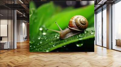 Snail on a green sheet after the rain Wall mural