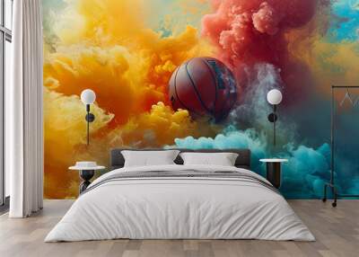 The collision of sports and art is evident as a basketball navigates through a cloud of colorful s Wall mural