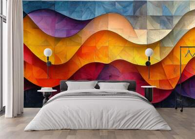 The harmony of triangles and curves that create a dynamic pattern, painted in saturated yellow, orange and lilac tone Wall mural