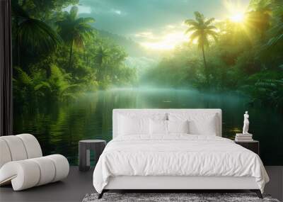 Thick jungle, pierced by the rays of the sun, as if bewitching a green ocean Wall mural