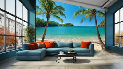 Two palm trees are on a beach with a body of water in the background Wall mural