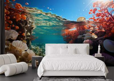 Underwater extravaganza: huge shells and soft coral branches surround an underwater landsca Wall mural