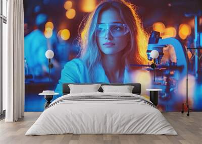 Young Scientist Conducting Research in a Laboratory With Colorful Lighting While Examining Samples Under a Microscope at Night Wall mural