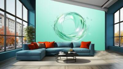 3d clear water splashing round frame isolated on clean green background, liquid stream motion ring. Wall mural