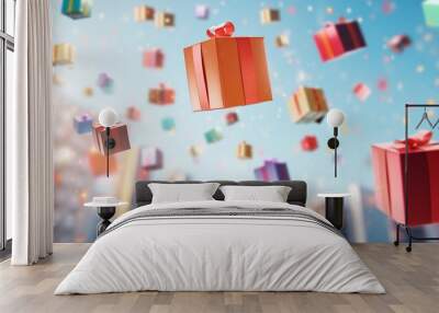 A lot of Falling gift boxes decorated with ribbon on blurred shiny background, flying gifts backdrops, great for Christmas season, reward event and shopping concept design. Wall mural