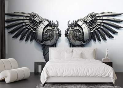 A pair of cyber punk mechanical metal wings isolated on white background, grunge style. Wall mural