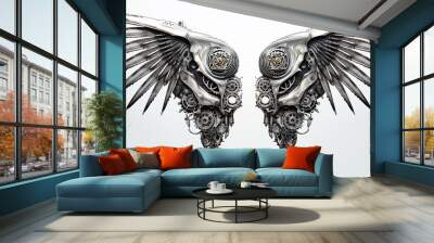 A pair of cyber punk mechanical metal wings isolated on white background, grunge style. Wall mural