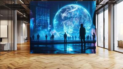 Abstract visual technology globe backgrounds,  futuristic global hologram with business people and digital transformation network cyberpunk technology background. Wall mural