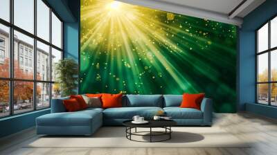 Asymmetric green light burst, abstract beautiful rays of lights on dark green background with the color of green and yellow, golden green sparkling backdrop with copy space. Wall mural