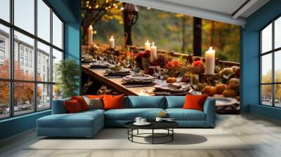 Autumn outdoor long banquet table setting in the woods with candles and flowers, fall harvest season, rustic, fete party, outside dining tablescape Wall mural