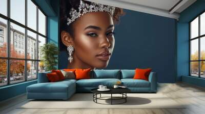 Beautiful black skin bride wearing tiara, earrings, necklace isolated on dark navy background with copy space. Wall mural