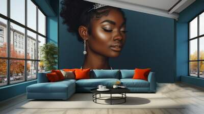 Beautiful black skin bride wearing tiara, earrings, necklace isolated on dark navy background with copy space. Wall mural