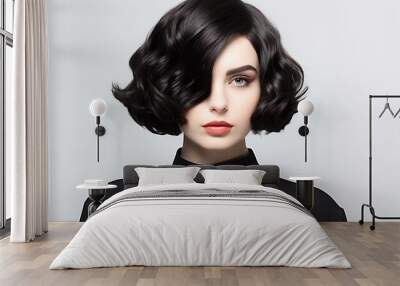 Beautiful Brunette Girl. Beauty Woman with Short Black Hair in fashion bob hairstyle, pretty women model portrait studio shot for hair salon, with copy space. Wall mural