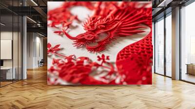 Close up of red paper cut art of Chinese dragon isolated on one side of white background with copy space, 3d paper cutting Chinese new year celebration background with space for text, greeting cards. Wall mural