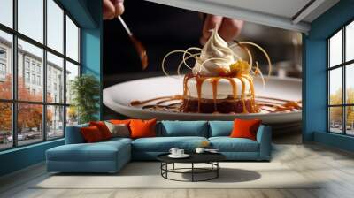 Close up of refined dessert being prepared by professional chef in high end restaurant or cafe background Wall mural