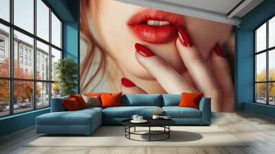 Close up of sexy lady touching her red make up lips with her fashion red nails manicure, concept of cosmetic product show, fashion nail polish with gel lacquer, gloss lip, sensitive woman. Wall mural