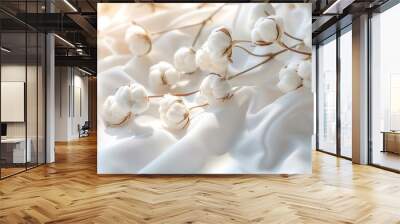 Cotton flower on white cotton fabric cloth backgrounds with copy space. Wall mural