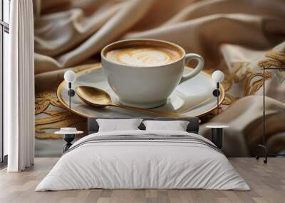 Cozy autumn weekend morning a cup of latte on silky fabric background Wall mural