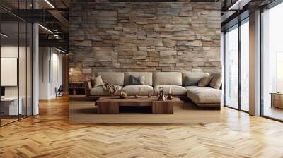 Cozy sofa on wild stone cladding wall background, rustic lounge area interior design. Wall mural