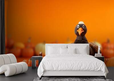 cute knitted 3d turkey isolated on orange pumpkin piles background with copy space, Thanksgiving celebration backgrounds. Wall mural