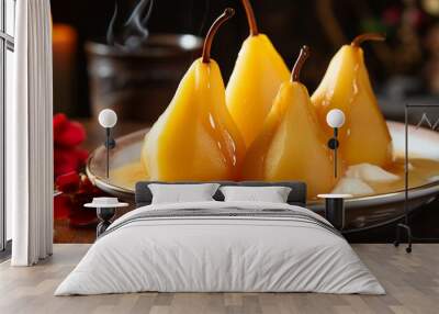 delicious yellow crystal juicy wine poached pears in spicy syrup, seasonal cooking dessert on wooden table. Wall mural