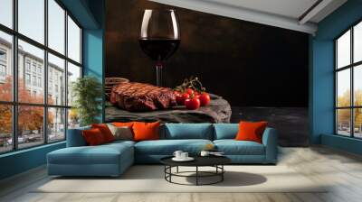 dinner for two with steaks and red wine, copy space. Wall mural